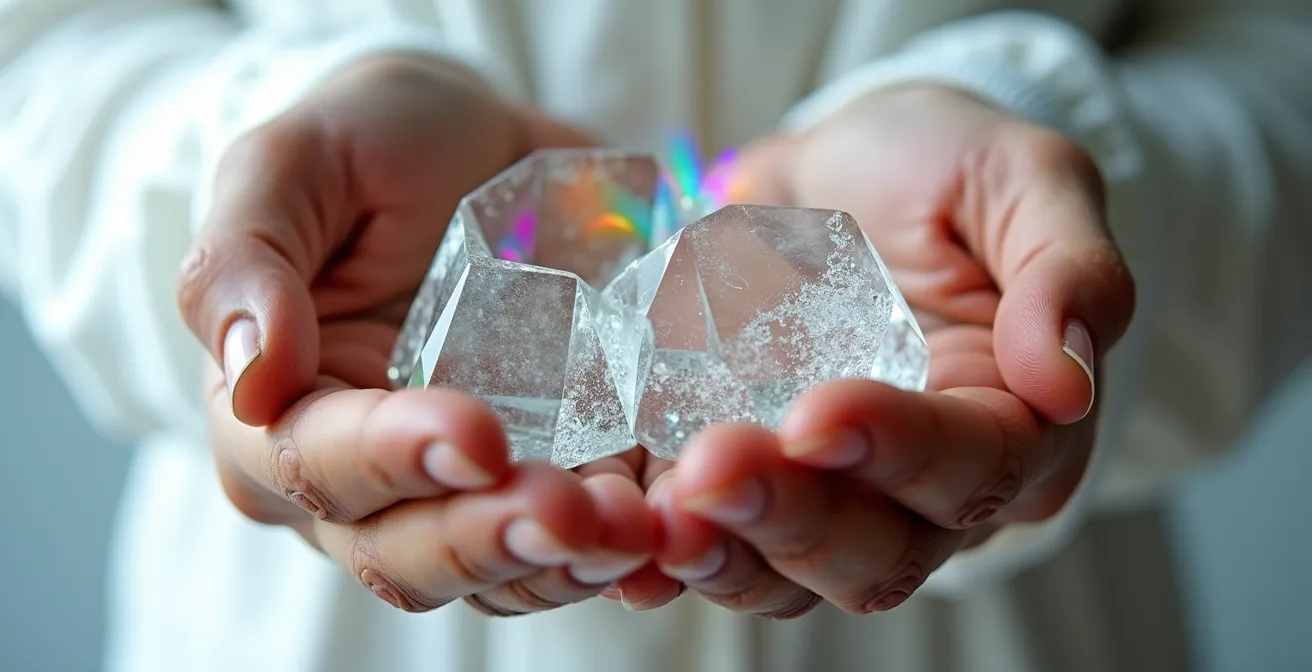 Close-up of hands holding glass prisms reflecting pharmaceutical cost structures